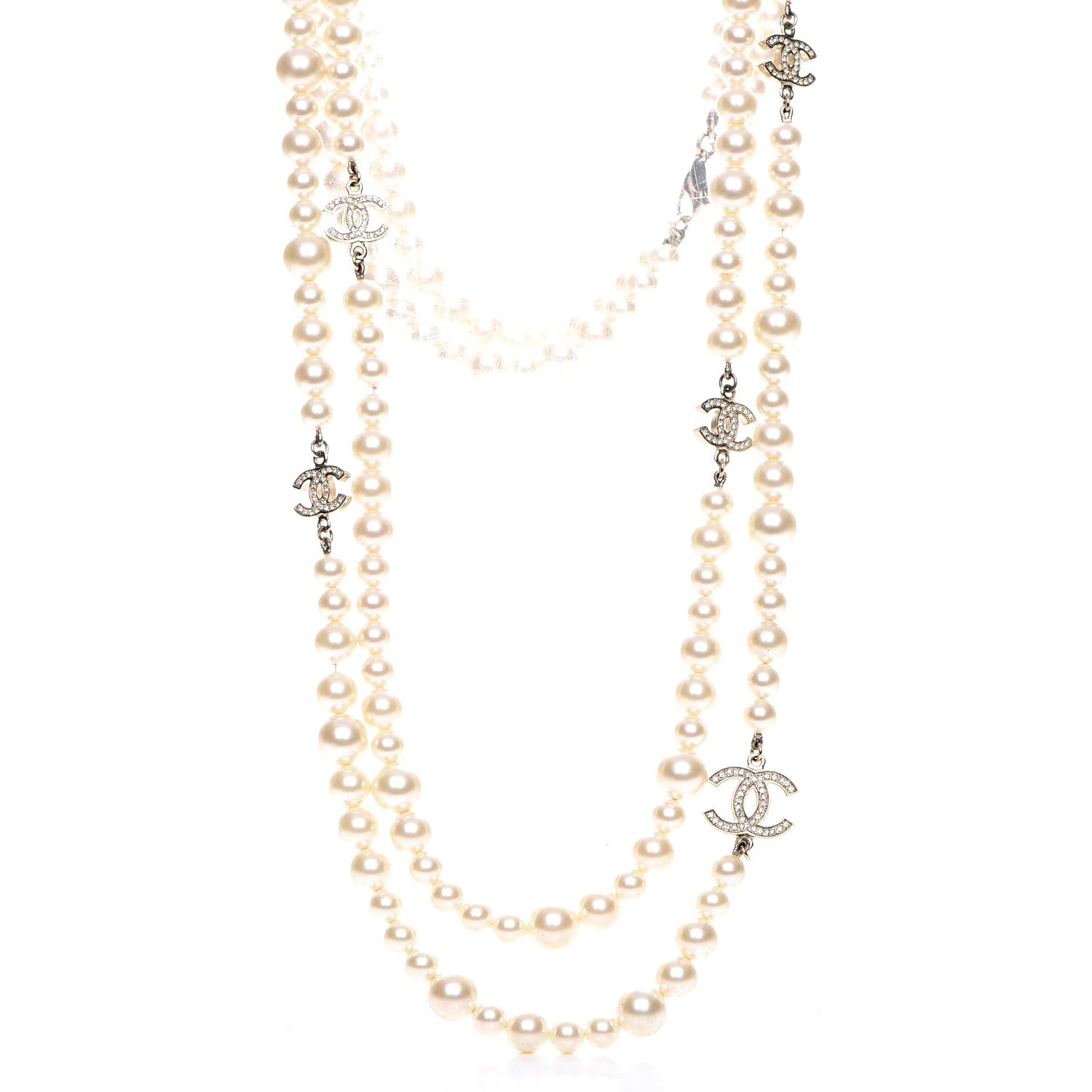 Chanel Pearl Crystal CC Double Strand Necklace Gold 1 of 8