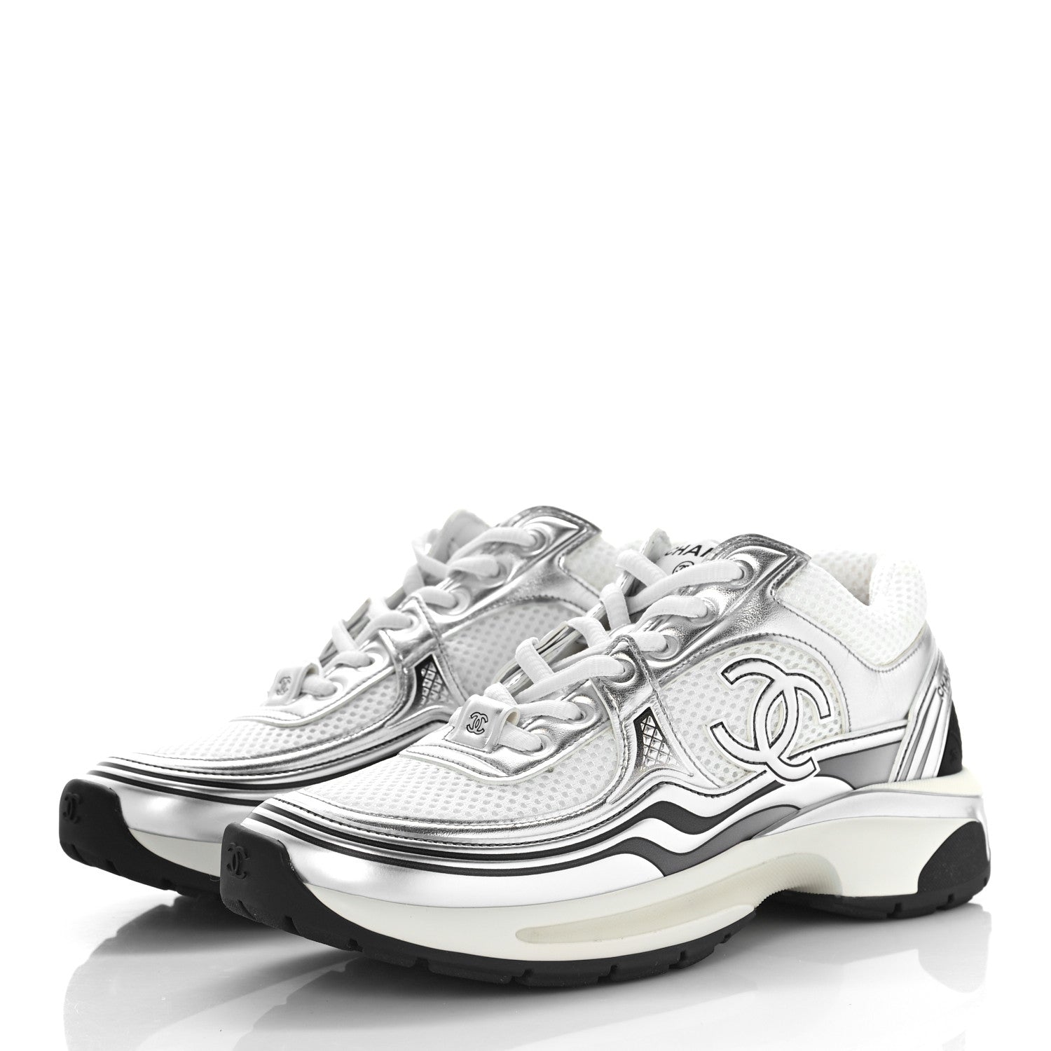 Chanel Fabric Laminated Calfskin Stretch CC Sneakers 37 White Silver 4 of 9