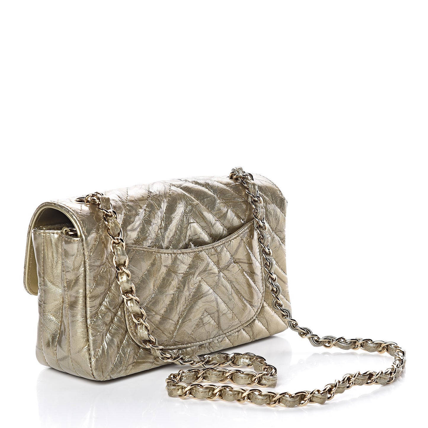 Patent Metallic Crumpled Calfskin Chevron Quilted Mini Rectangular Flap Gold
