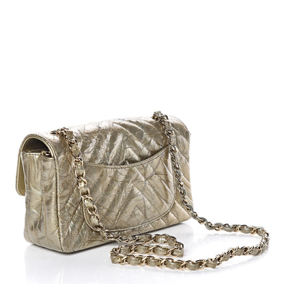Chanel Patent Metallic Crumpled Calfskin Chevron Quilted Mini Rectangular Flap Gold 3 of 10