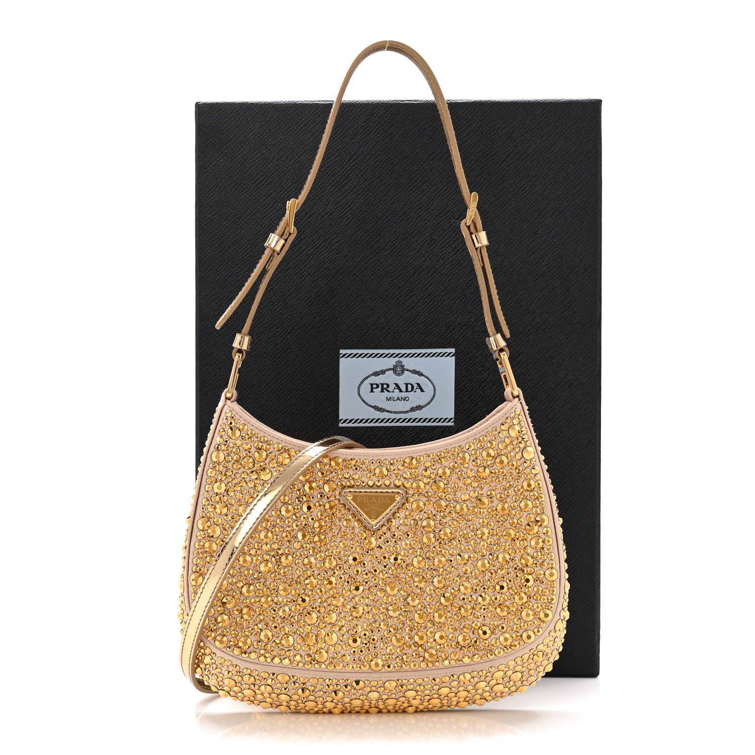 PRADA ゴールド クラッチバッグ Prada Gold Leather and Satin Crystal Embellished Mini Triangle