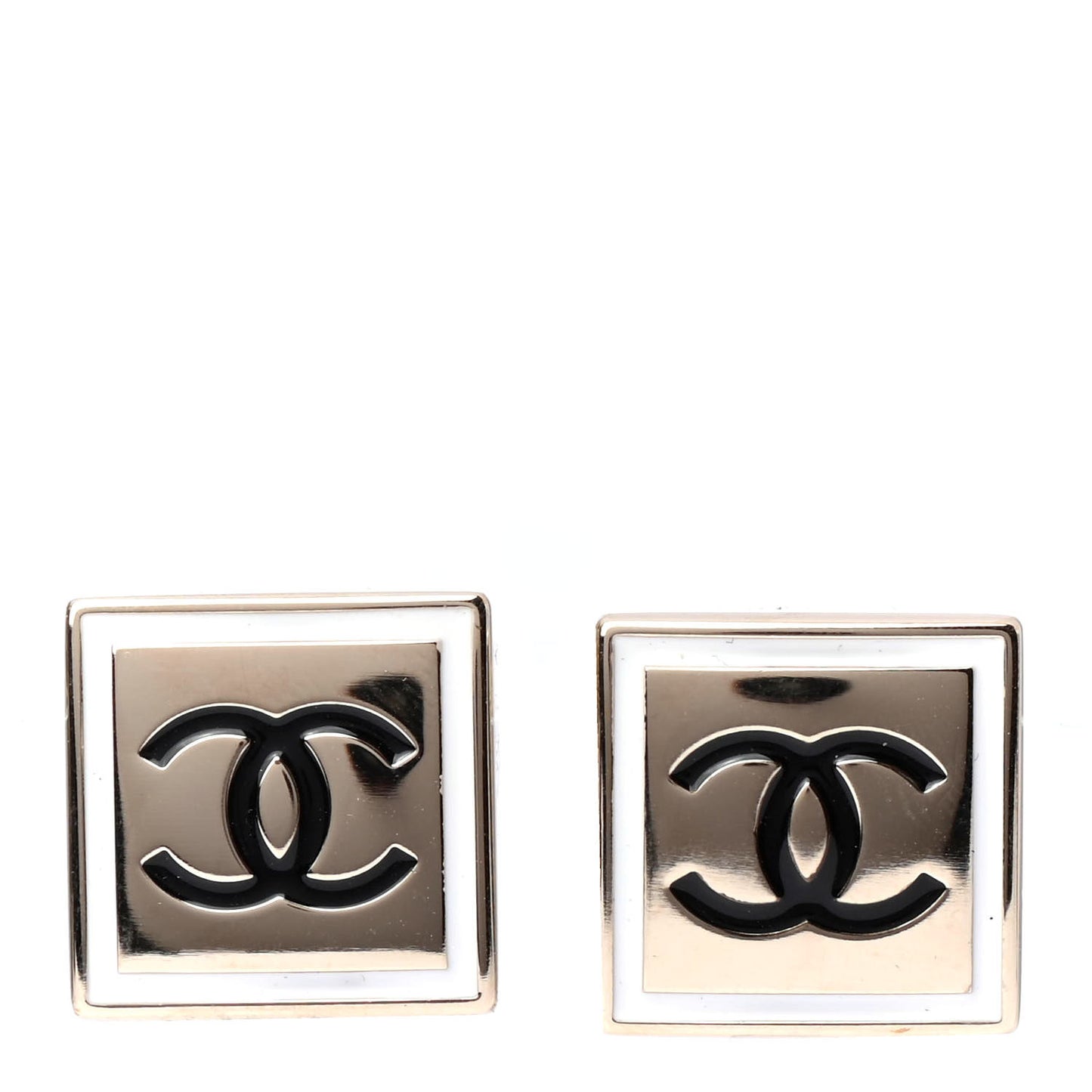 Metal Enamel CC Square Earrings Gold Black White