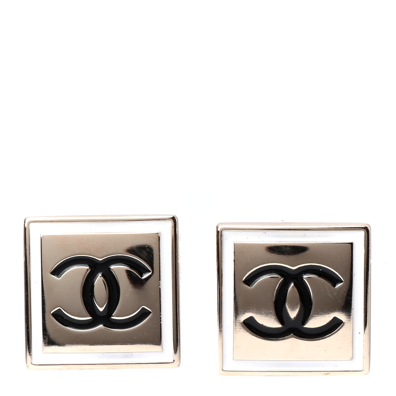 Chanel Metal Enamel CC Square Earrings Gold Black White 1 of 4