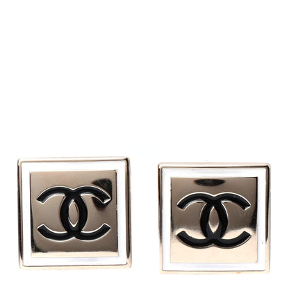 Chanel Metal Enamel CC Square Earrings Gold Black White 1 of 4