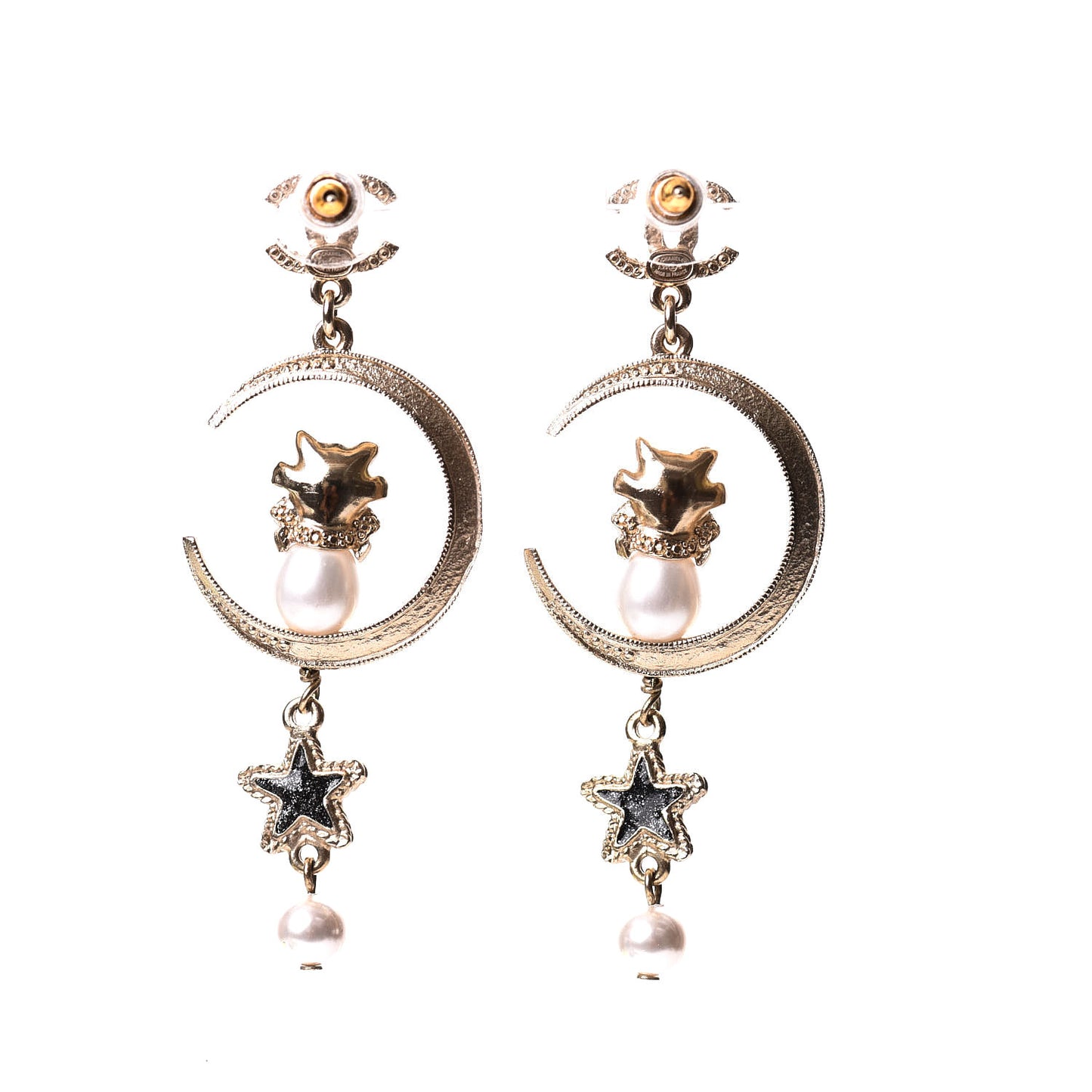 Metal Glass Crystal CC Cat Moon Earrings Gold