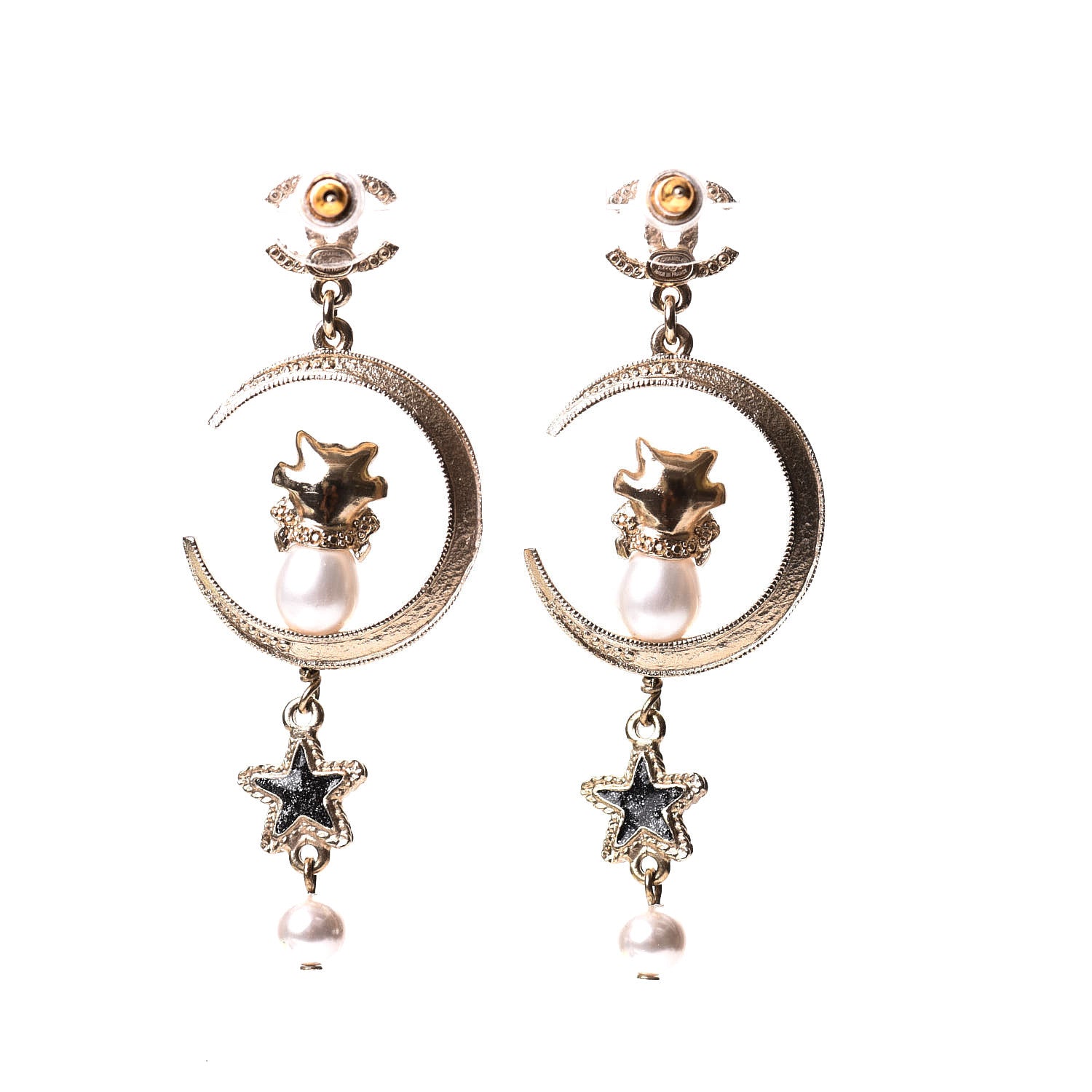 Chanel Metal Glass Crystal CC Cat Moon Earrings Gold 2 of 5