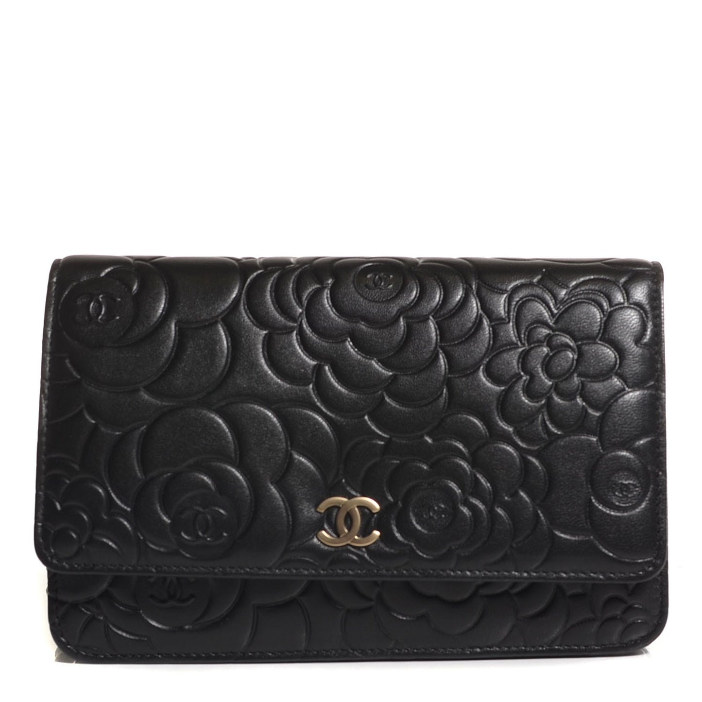 Lambskin Camellia Embossed Wallet on Chain WOC Black