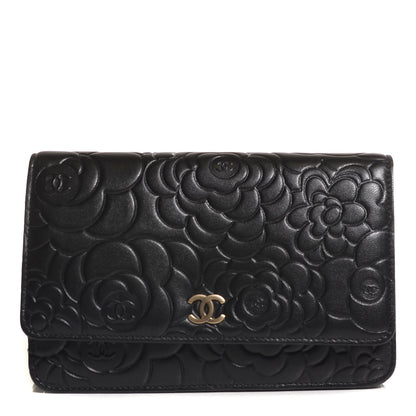 Chanel Lambskin Camellia Embossed Wallet on Chain WOC Black 1 of 9