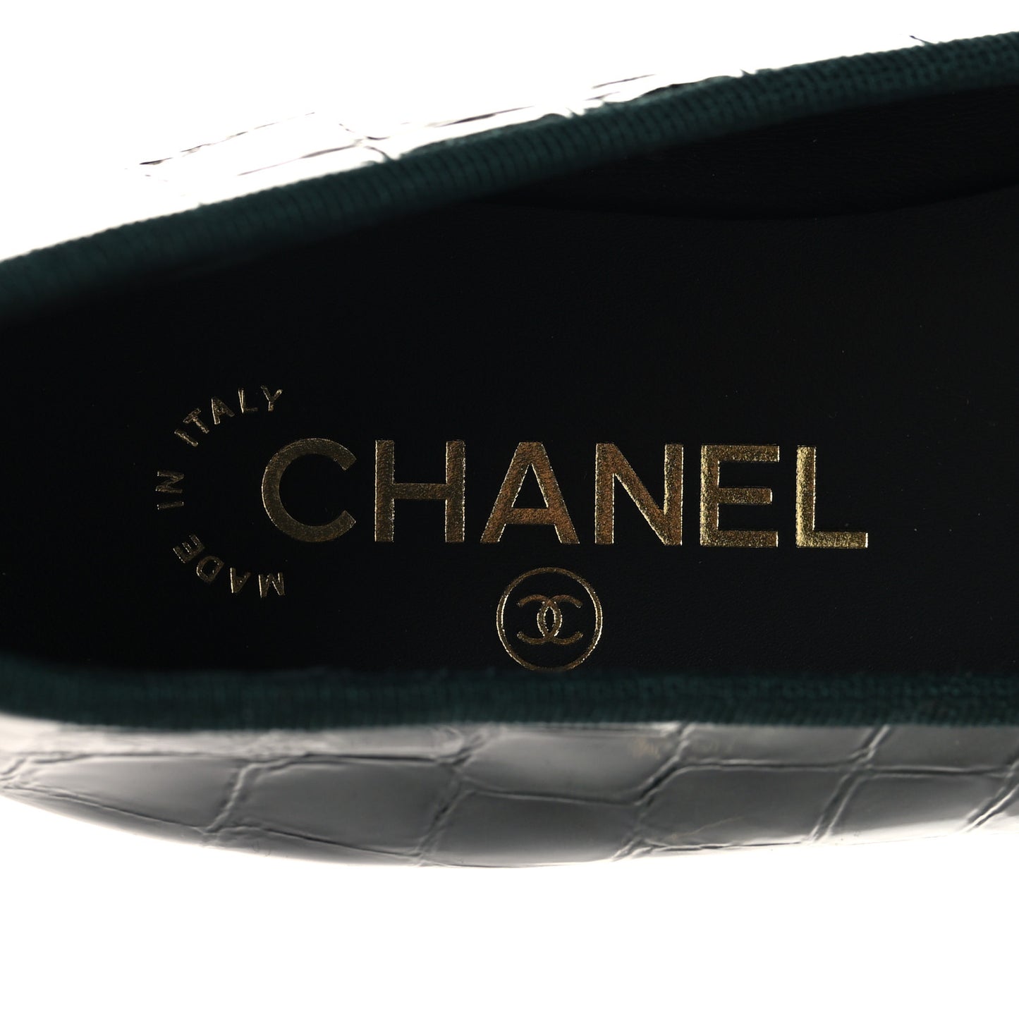 Patent Calfskin Crocodile Embossed Ballerina Flats 38 Dark Green Black