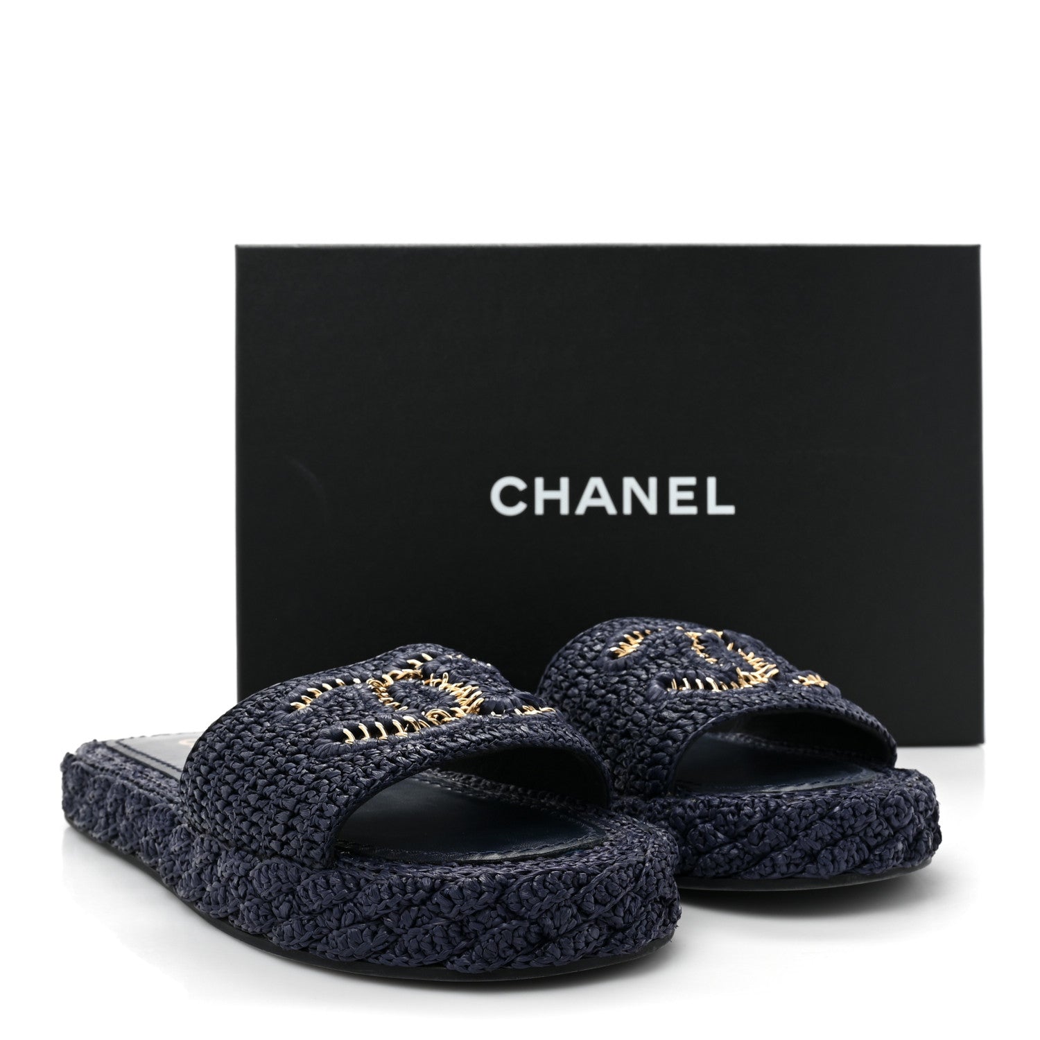 Chanel Braided Cord CC Espadrille Slip On Sandals 37 Navy Blue 9 of 9
