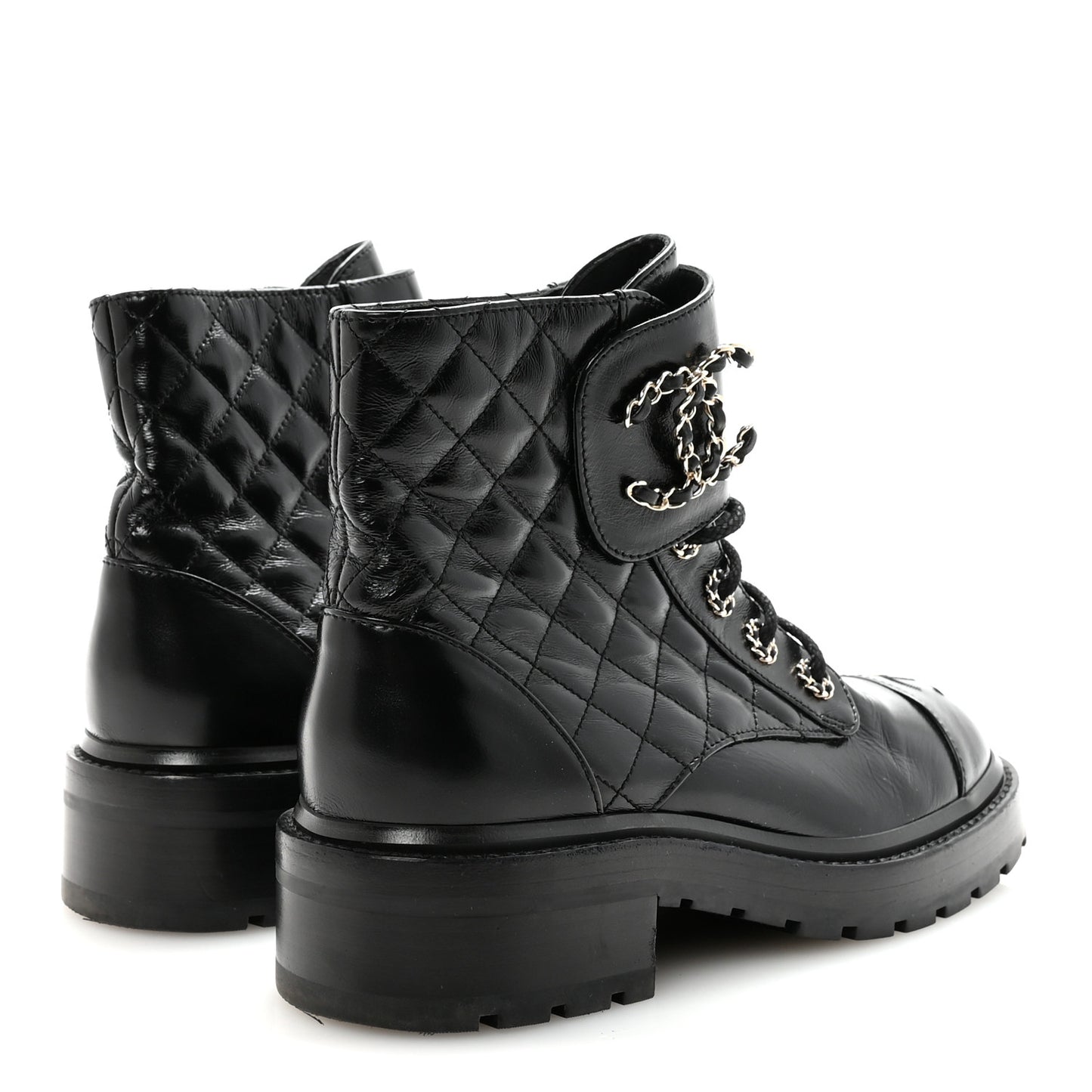 Shiny Calfskin Quilted Lace Up Combat Boots 37.5 Black