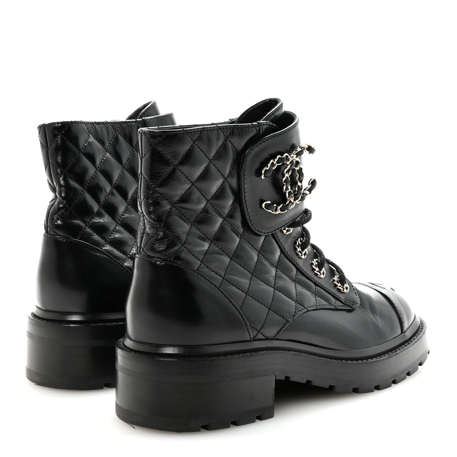 Chanel Shiny Calfskin Quilted Lace Up Combat Boots 37.5 Black 10 of 20