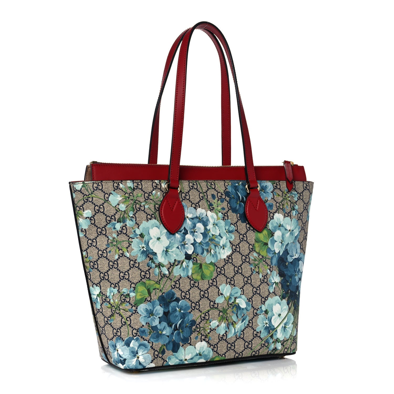 Gucci GG Supreme Monogram Blooms Medium Zippered Bucket Tote Beige Blue Navy Hibiscus Red 3 of 13