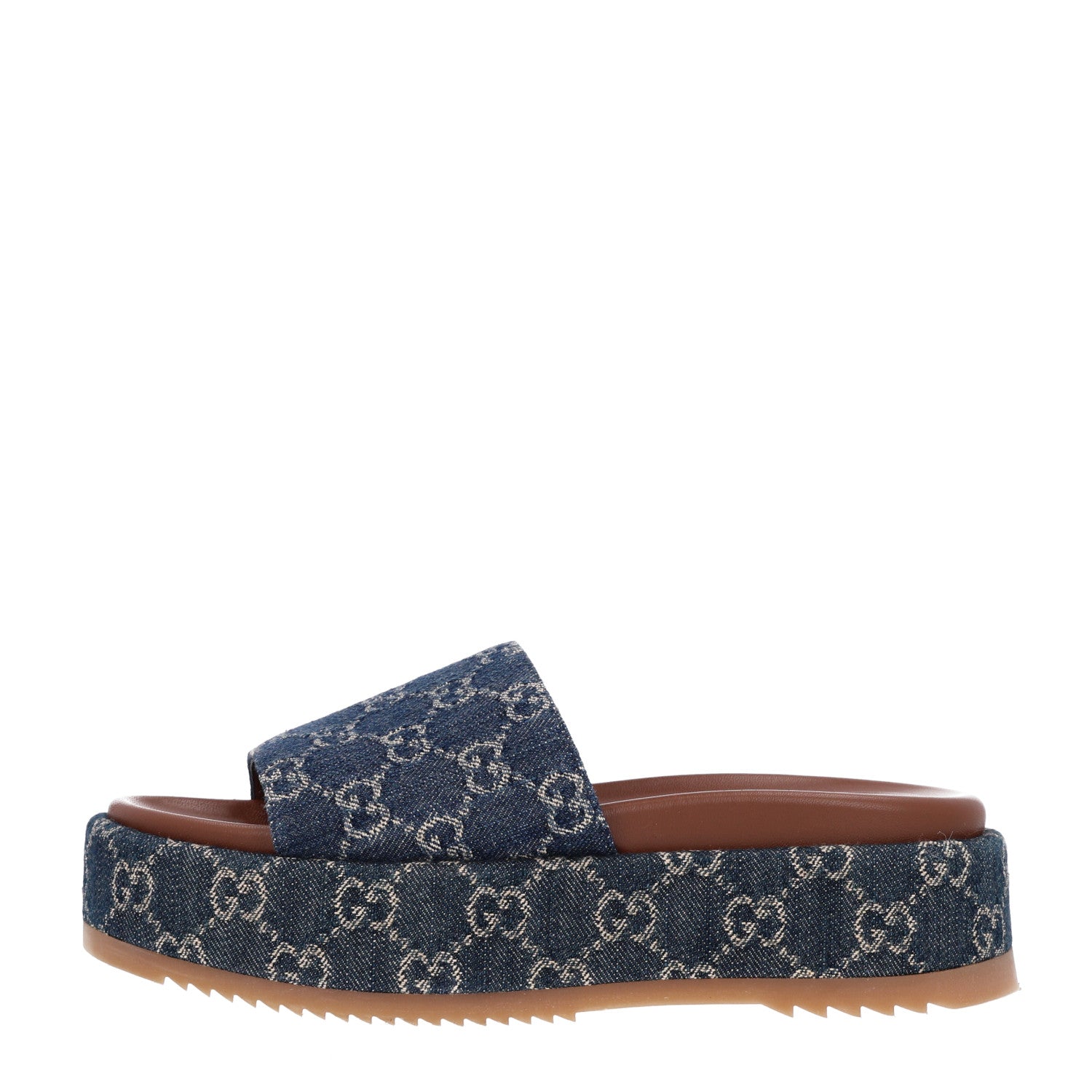 Gucci New Denim GG Monogram Angelina Platform 55mm Slide Sandals 37 Blue Tea 1 of 10