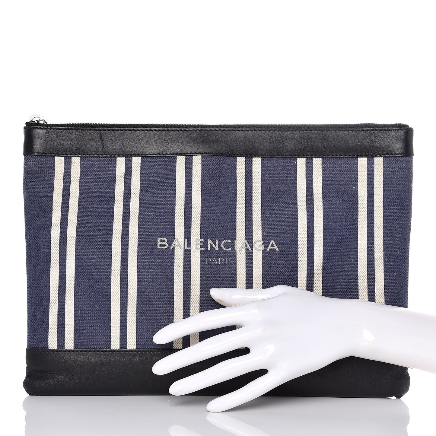 Calfskin Cotton Canvas Striped Logo Clutch Navy