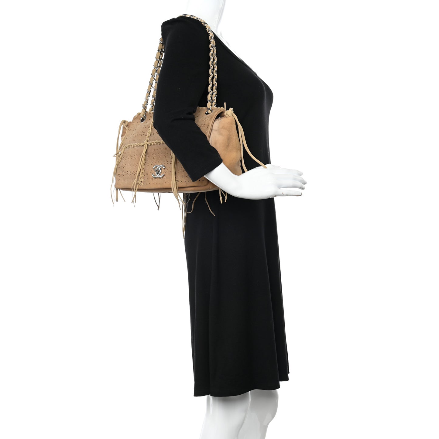 Suede Calfskin Perforated Fringe Flap Dark Beige