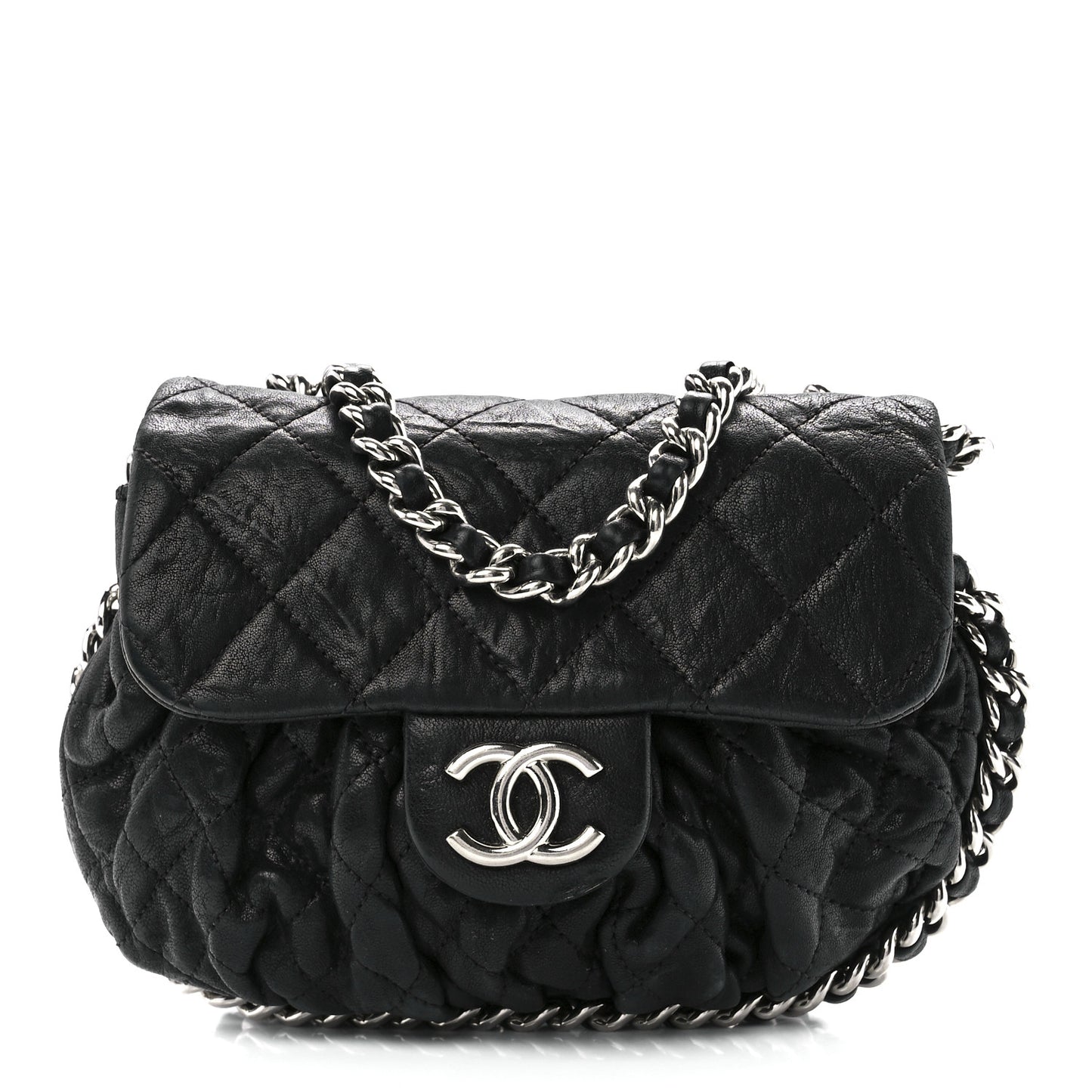Metallic Washed Lambskin Quilted Mini Chain Around Flap Black