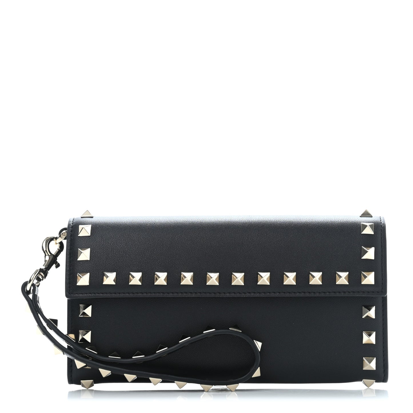 Calfskin Rockstud Wristlet Travel Wallet Black