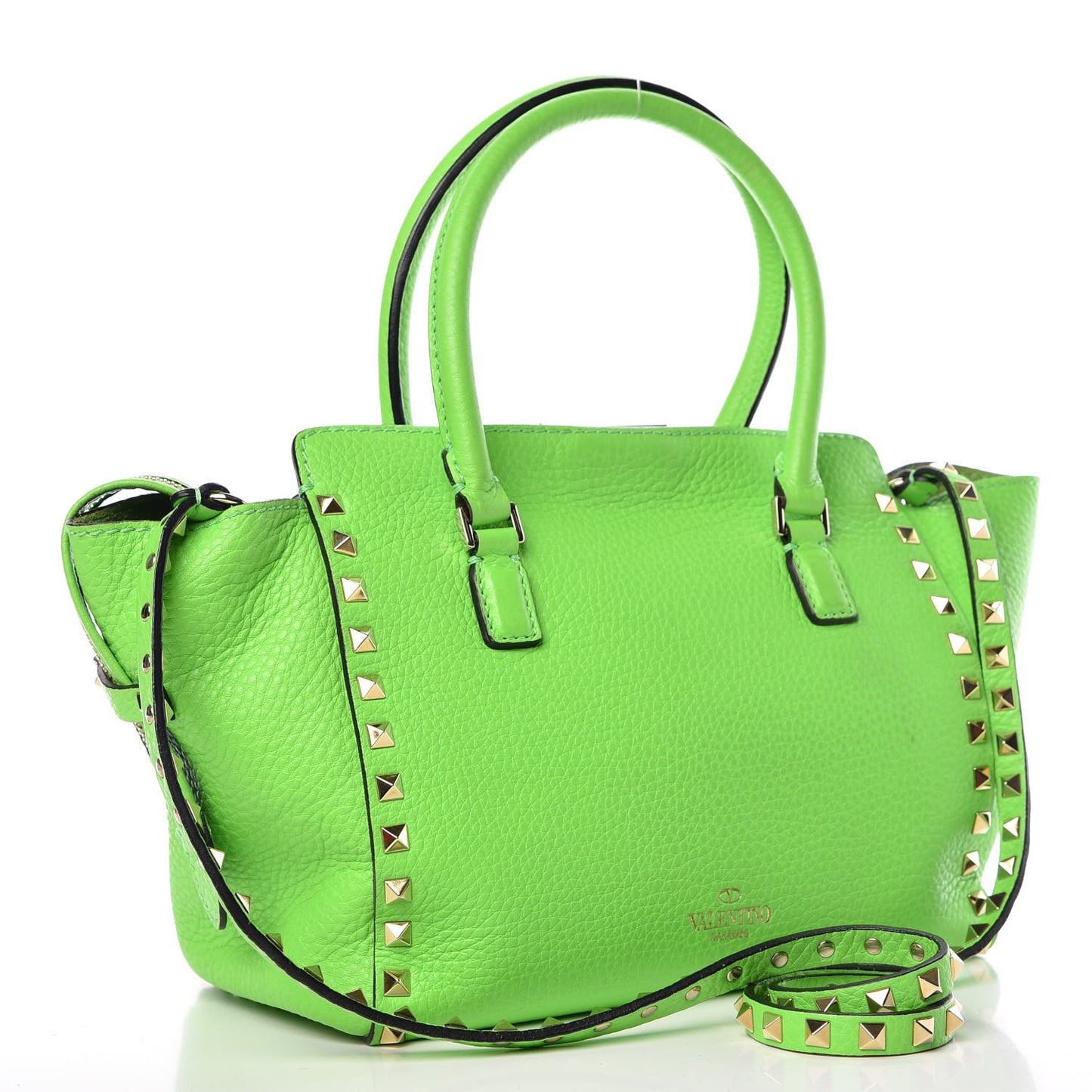 Pebbled Calfskin Small Rockstud Double Handle Tote Green Fluo