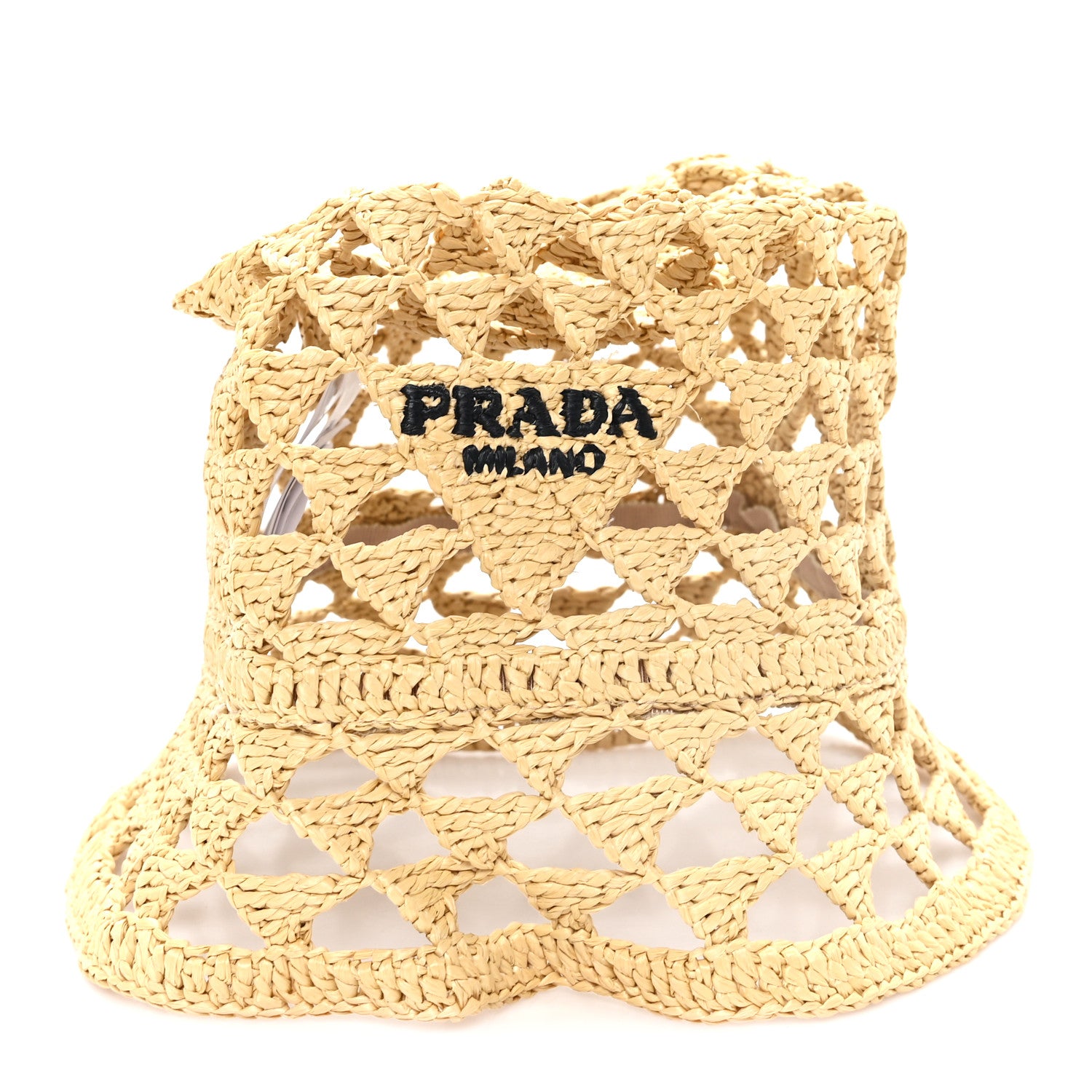 Prada Raffia Effect Crochet Logo Embroidered Bucket Hat M Naturale 3 of 9