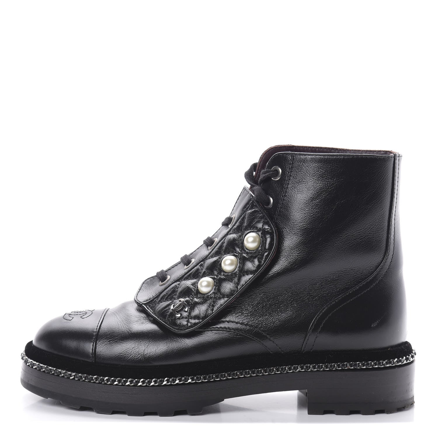 Chanel Crackled Calfskin Velvet Pearl Combat Short Boots 37.5 Black 1 of 8