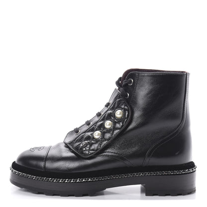 Chanel Crackled Calfskin Velvet Pearl Combat Short Boots 37.5 Black 1 of 8