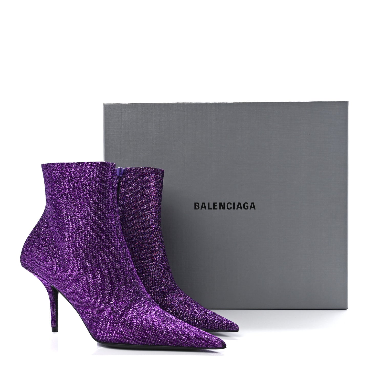 Shiny Fabric Square Knife 80mm Ankle Booties 36 Purple