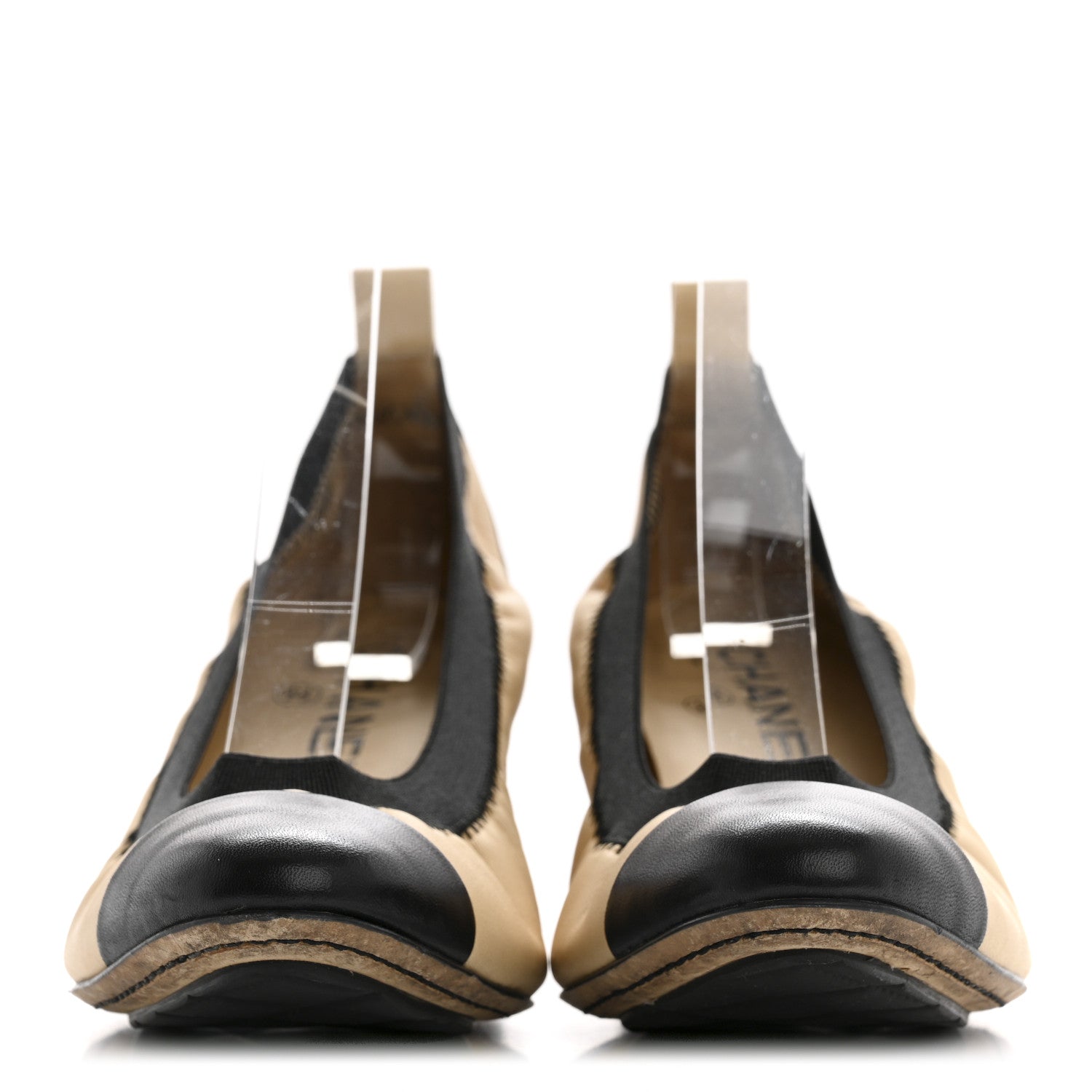 Chanel Lambskin CC Elastic Stretch Pumps 37.5 Beige Black 2 of 10