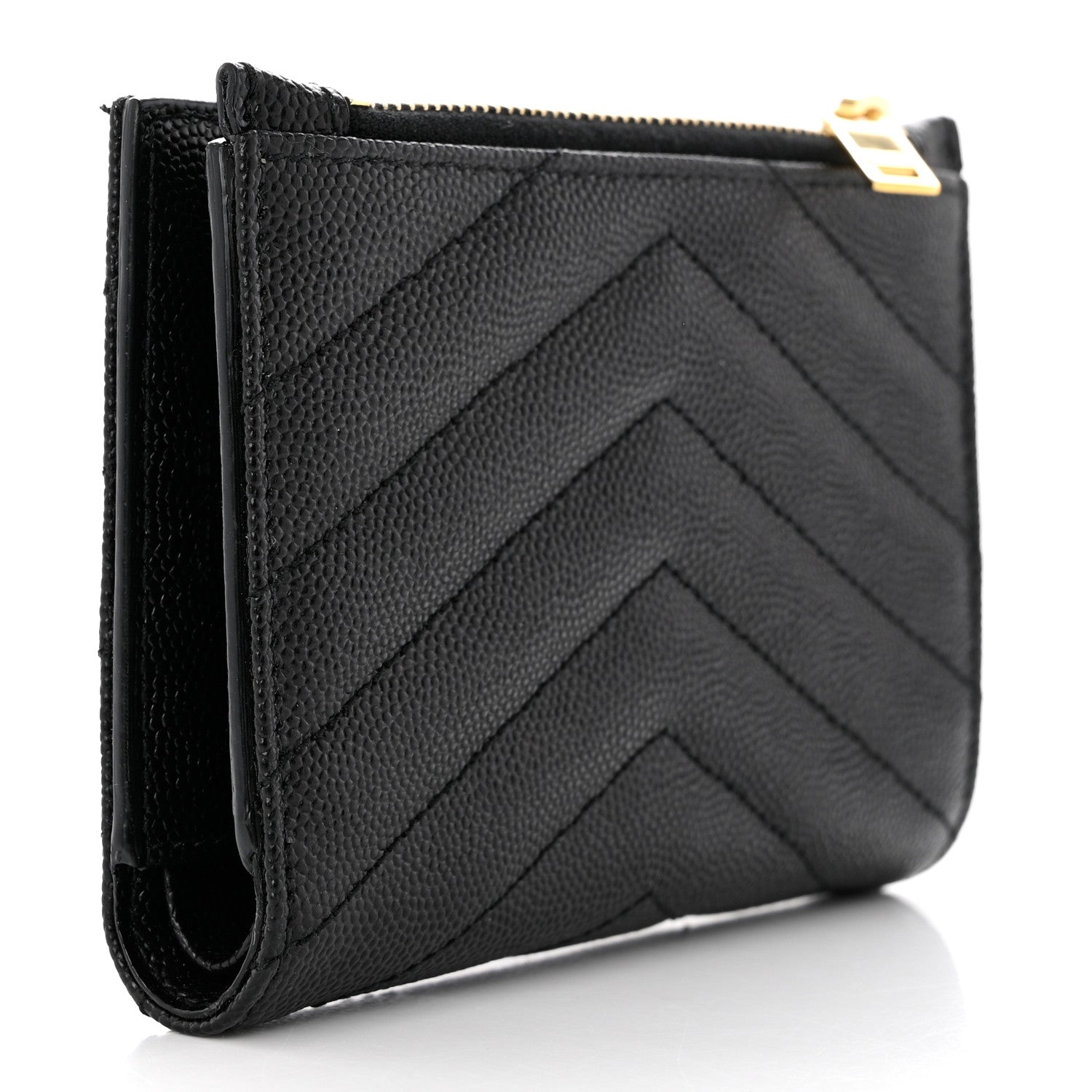 Saint Laurent Grain De Poudre Matelasse Chevron Monogram Zipped Two-Part Wallet Black 3 of 8