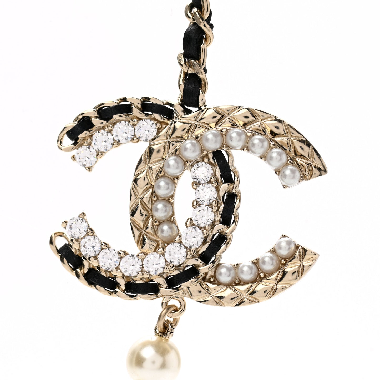 Pearl Crystal Lambskin CC Necklace Gold Black