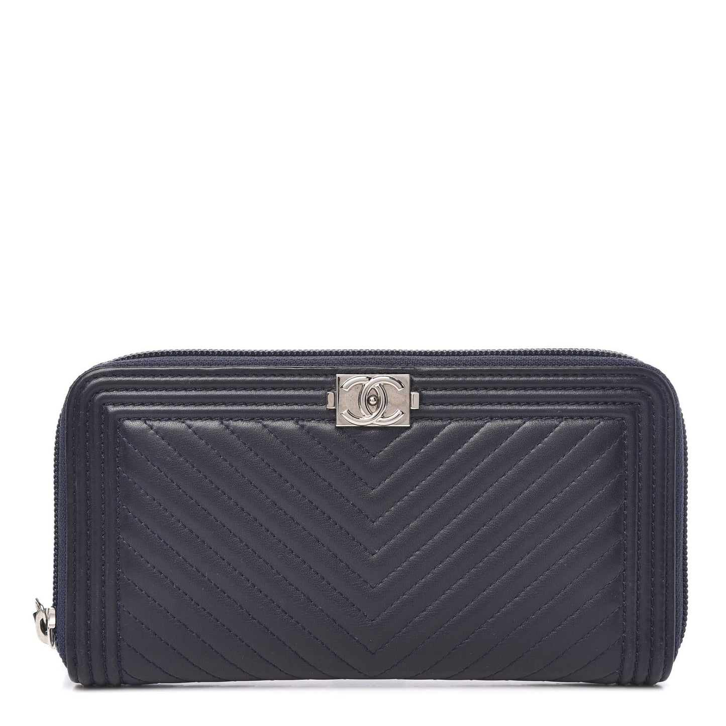 Lambskin Chevron Quilted Zip Around Boy Wallet Navy Blue