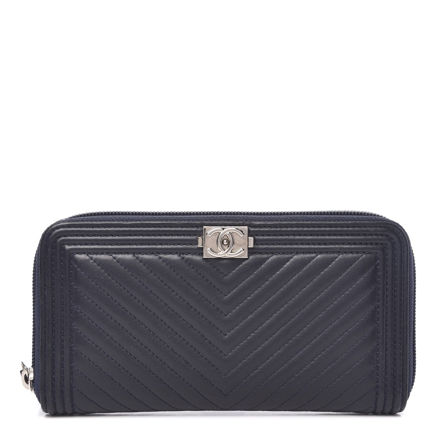 Chanel Lambskin Chevron Quilted Zip Around Boy Wallet Navy Blue 1 of 9