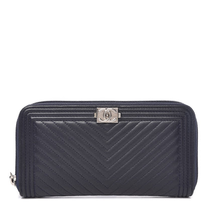 Chanel Lambskin Chevron Quilted Zip Around Boy Wallet Navy Blue 1 of 9