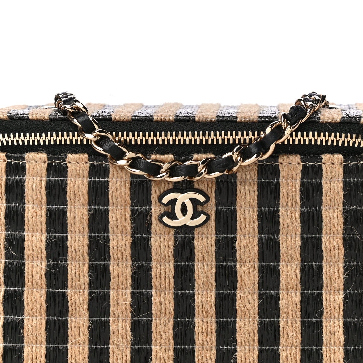 Raffia Jute Striped Small Vanity Case With Chain Black Beige