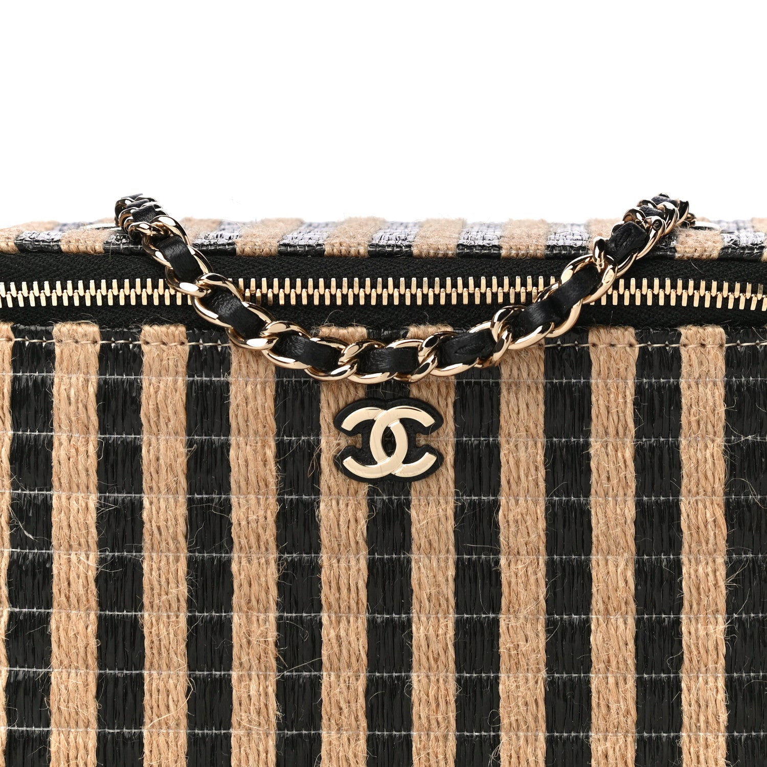 Chanel Raffia Jute Striped Small Vanity Case With Chain Black Beige 8 of 14