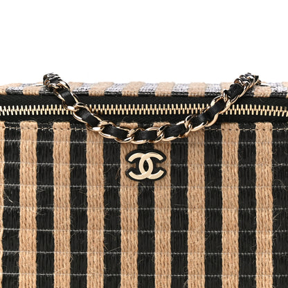 Chanel Raffia Jute Striped Small Vanity Case With Chain Black Beige 8 of 14