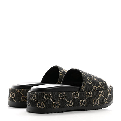 Gucci Jacquard Black Denim GG Monogram Angelina Platform 55mm Slide Sandals 36 Black Ivory 5 of 10
