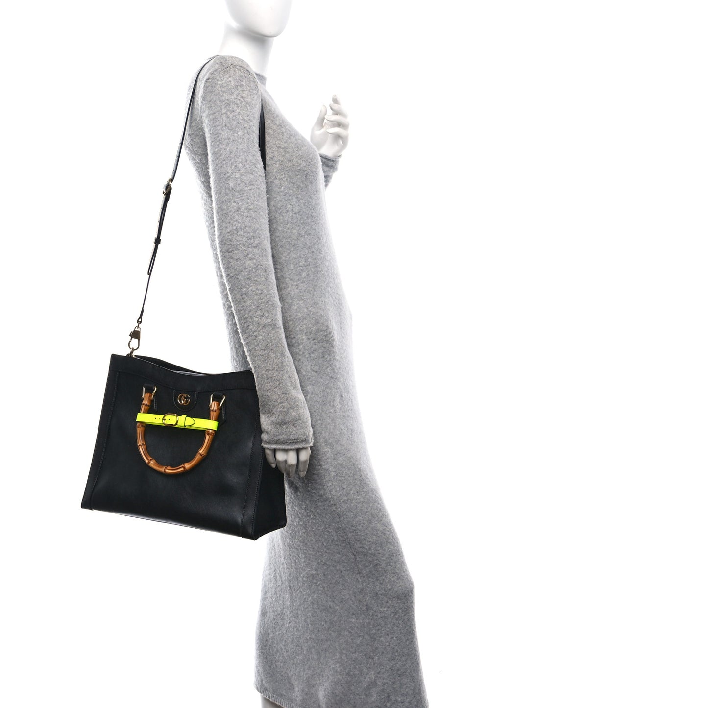Calfskin Medium Diana Tote Bag Black Yellow Fluo