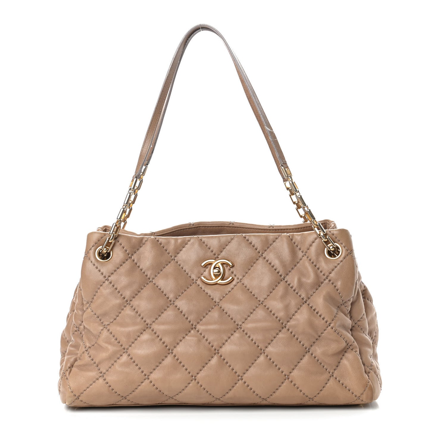 Calfskin Quilted Large Retro Chain Tote Beige
