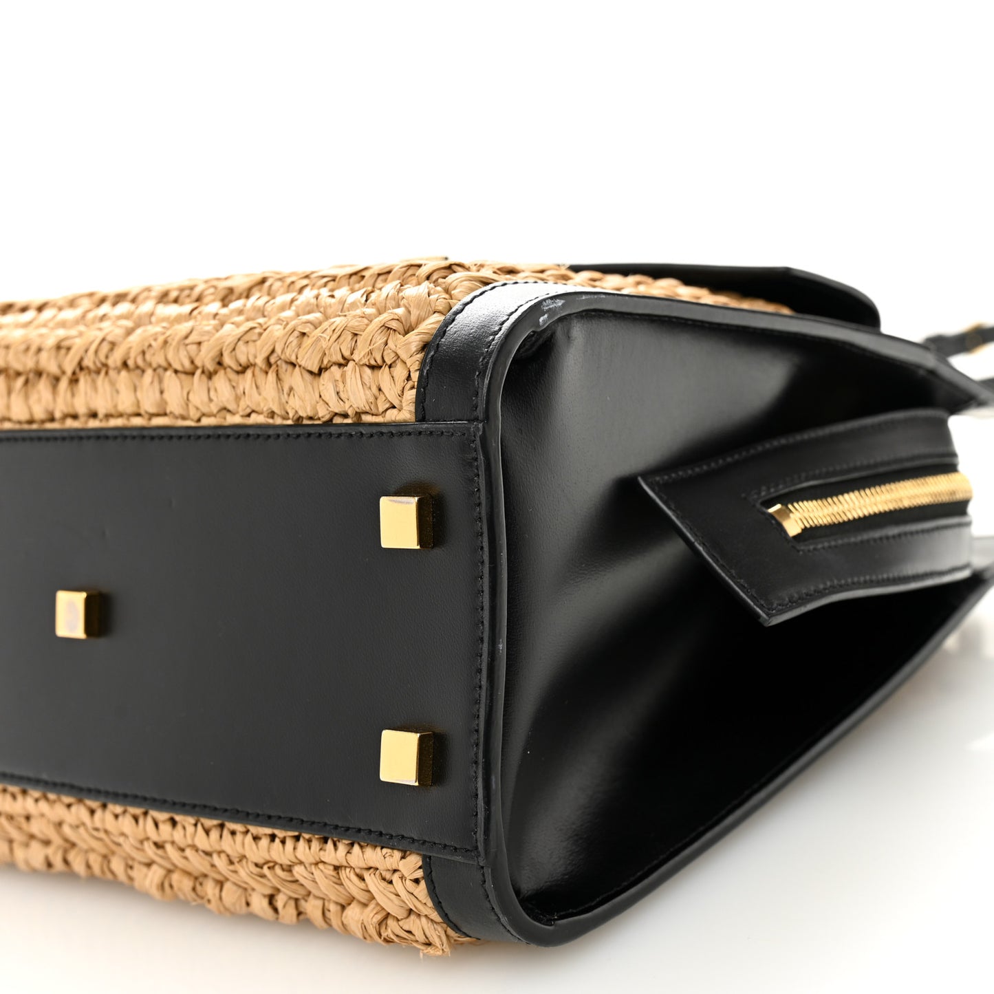Raffia Calfskin Small Uptown Tote Black Natural