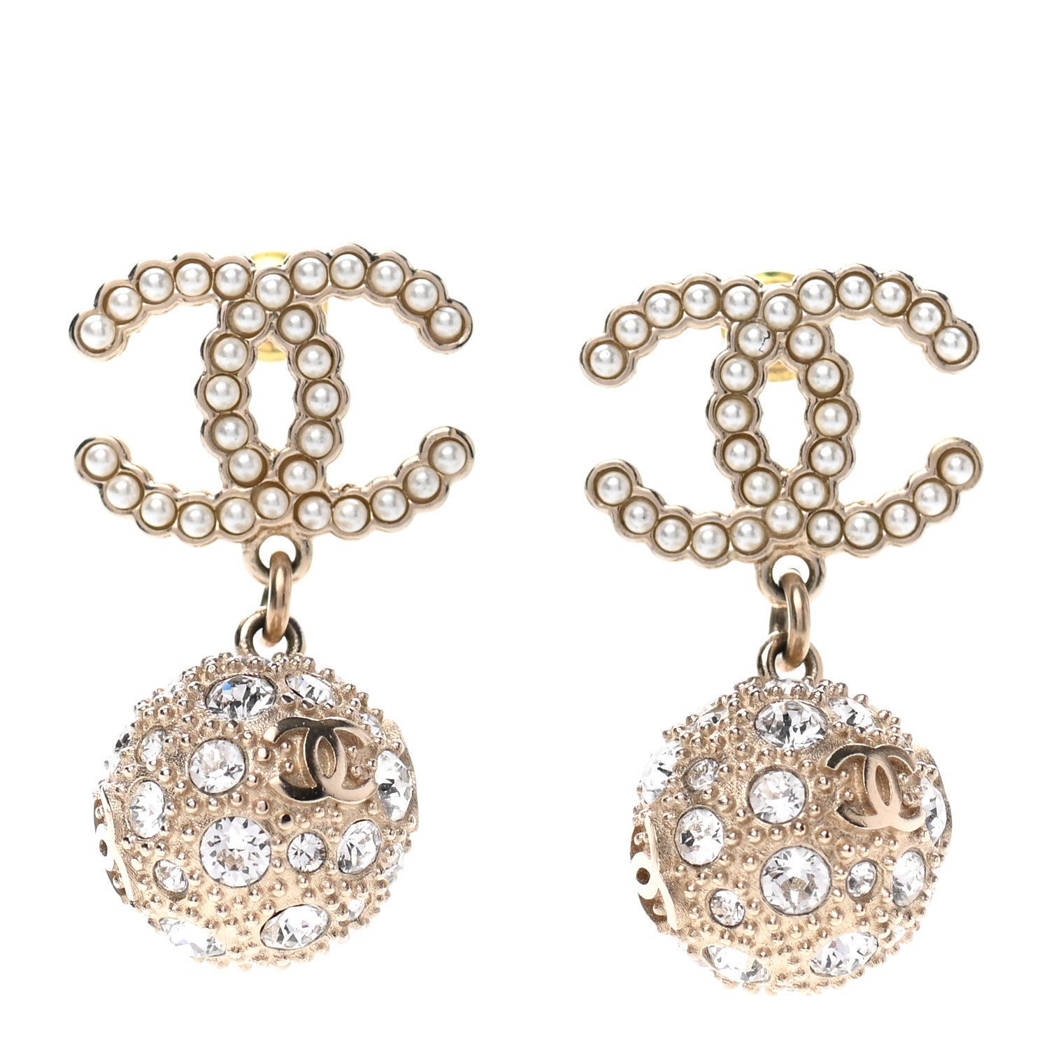 Chanel Crystal Pearl CC Drop Earrings Gold Pearly White 1 of 4