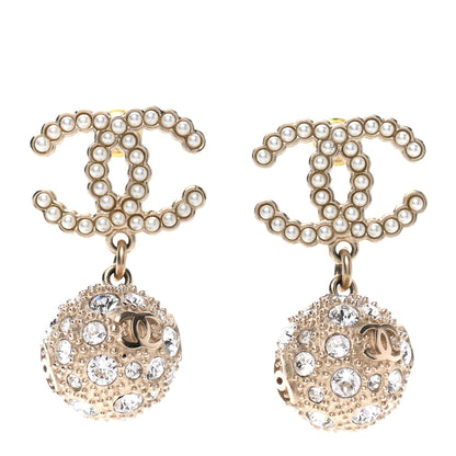 Chanel Crystal Pearl CC Drop Earrings Gold Pearly White 1 of 4