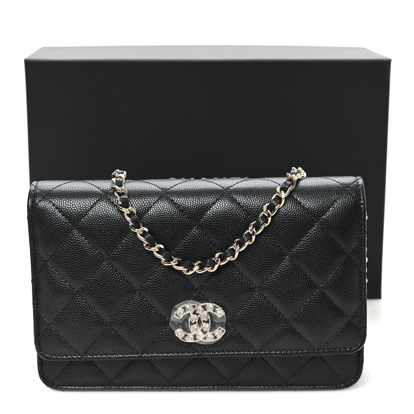 Caviar Quilted Crystal Heart CC Wallet On Chain WOC Black
