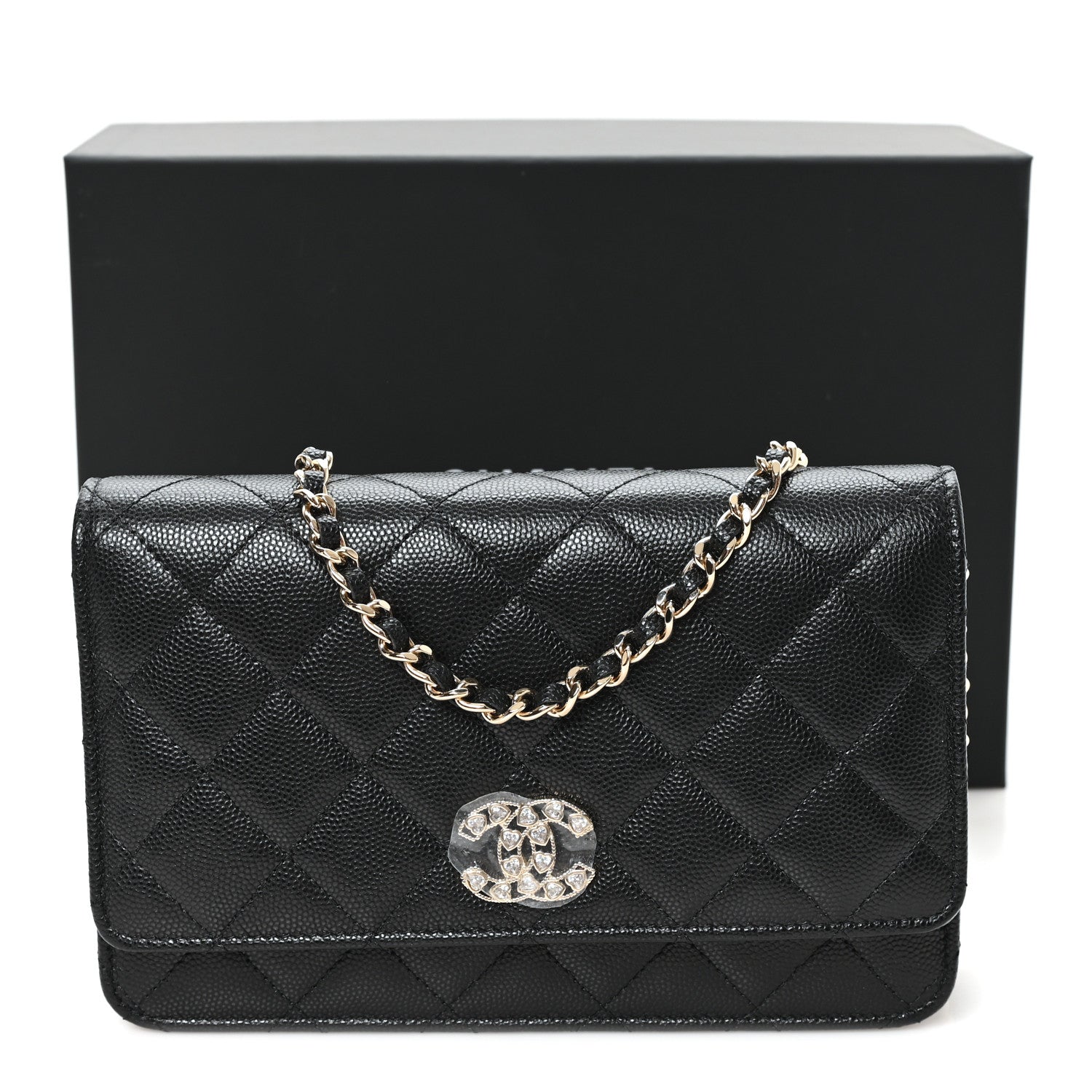 Chanel Caviar Quilted Crystal Heart CC Wallet On Chain WOC Black 12 of 12