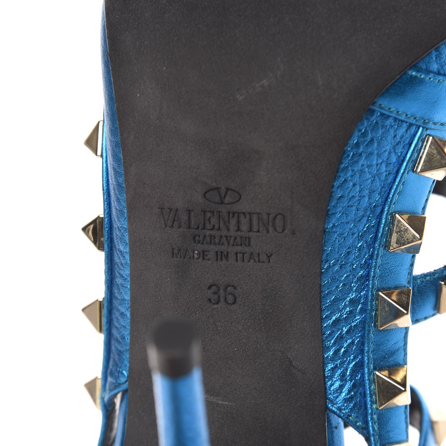 Valentino Garavani Metallic Pebbled Calfskin Rockstud Ankle Strap Pumps 36 Light Blue 9 of 10