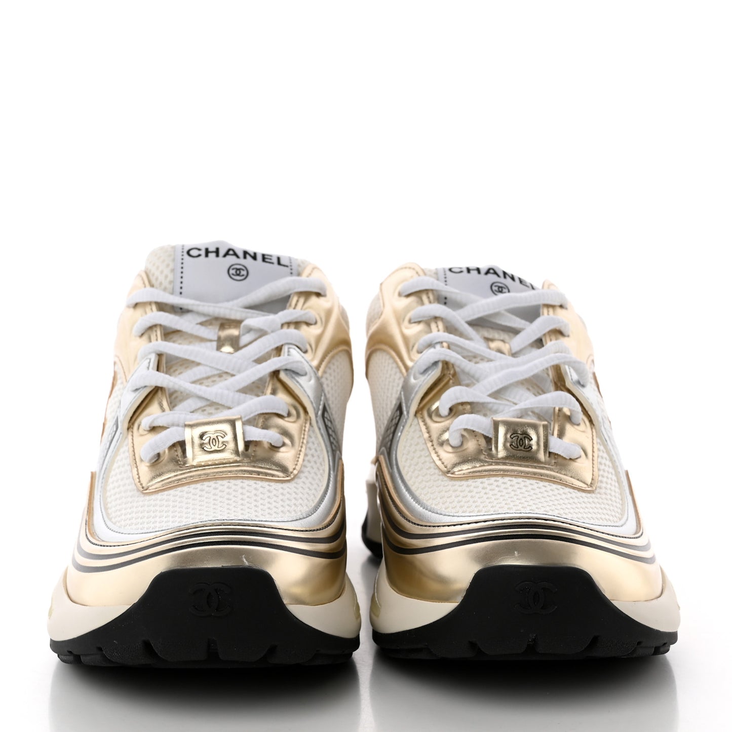 Fabric Laminated Calfskin Stretch CC Womens Sneakers 38 White Gold Silver