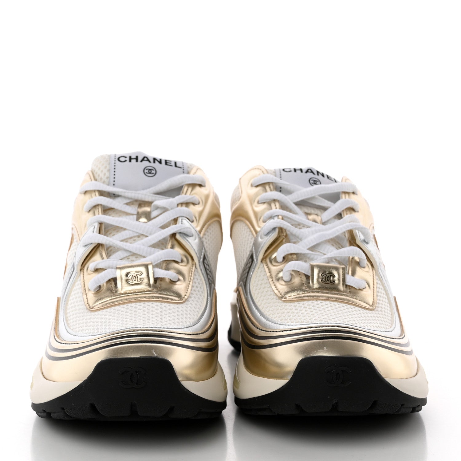Chanel Fabric Laminated Calfskin Stretch CC Womens Sneakers 38 White Gold Silver 2 of 10