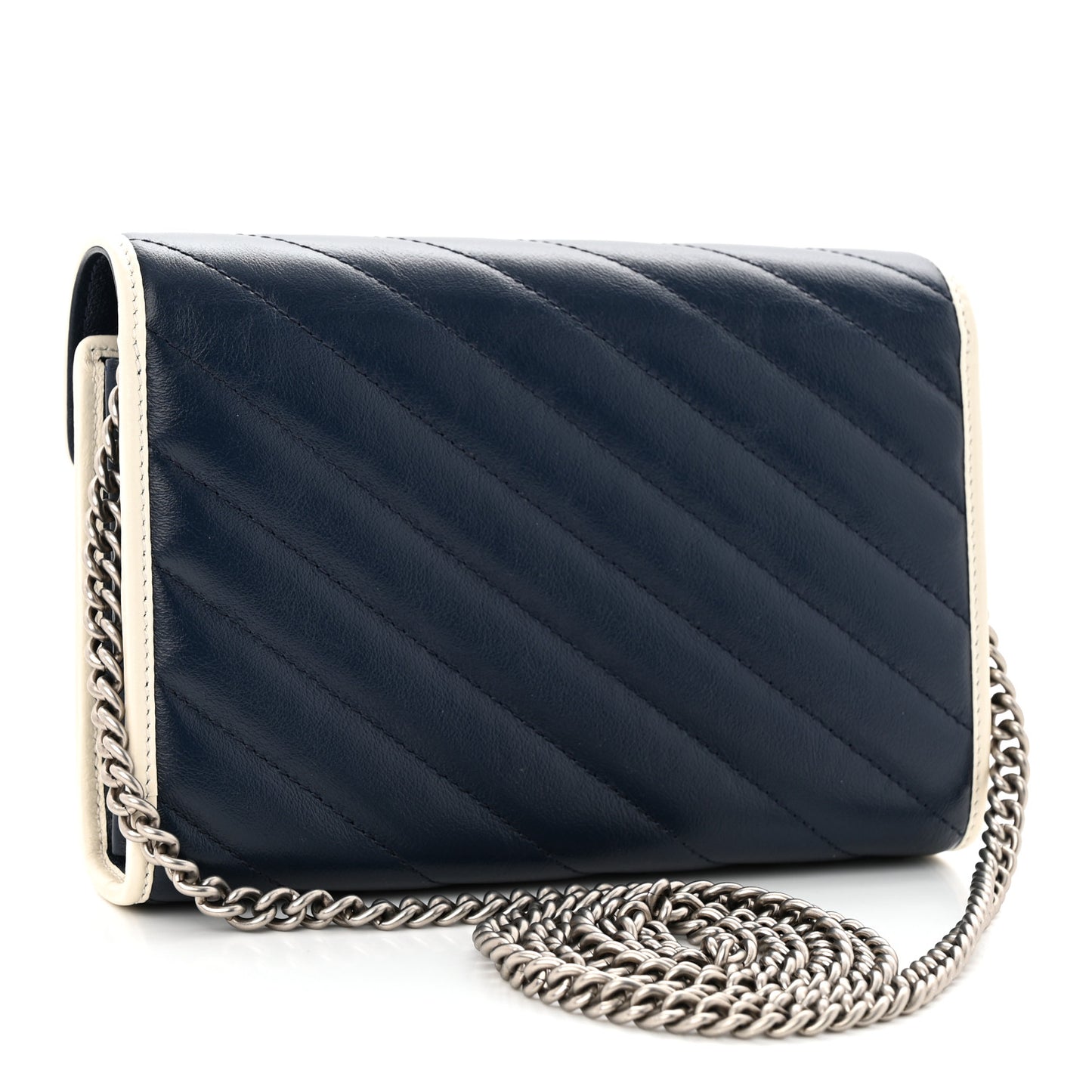 Vintage Effect Calfskin Matelasse Diagonal Torchon GG Marmont Chain Wallet Blue Agata Mystic White