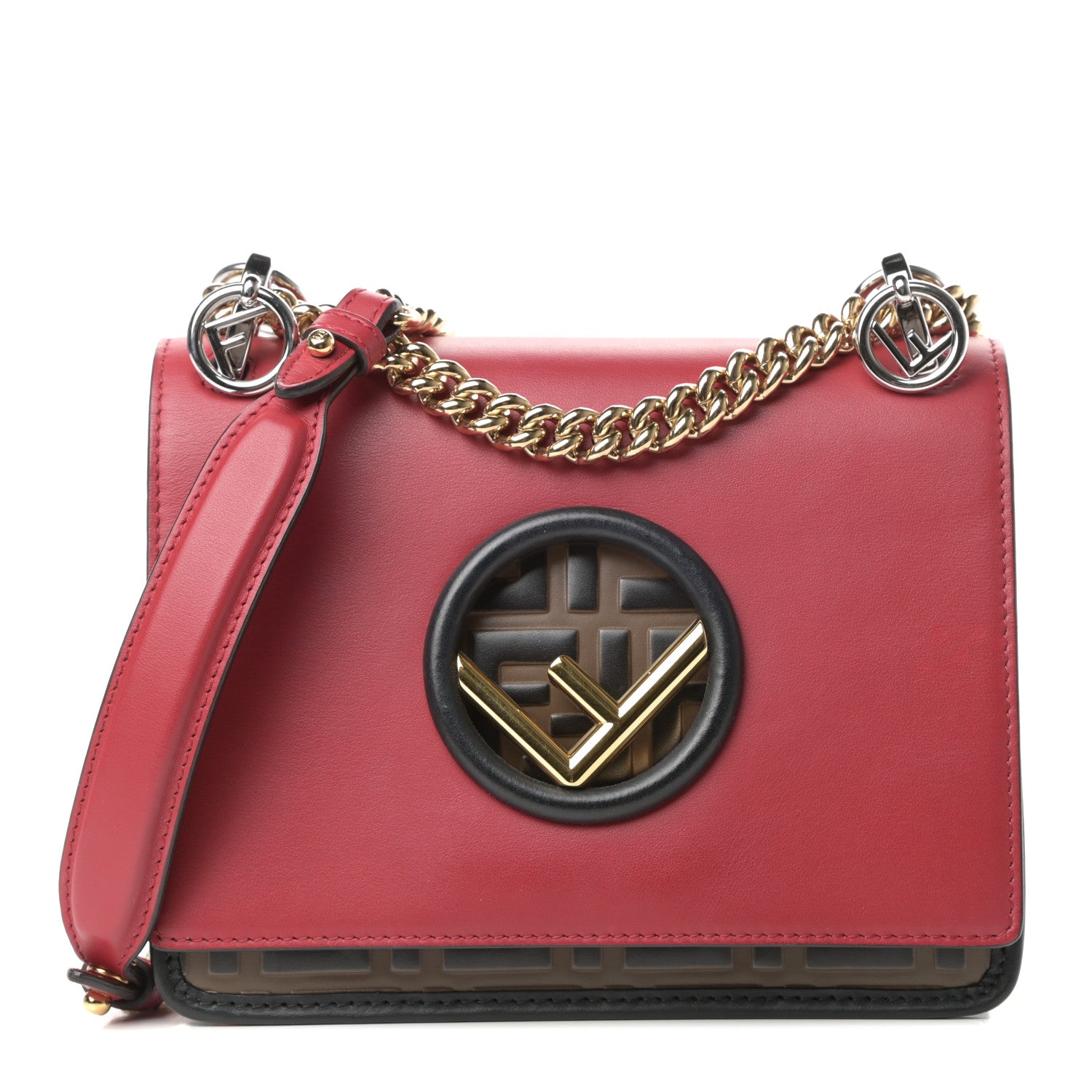 Fendi Vitello Century F is Fendi Bi-Color FF 1974 Embossed Small Kan I Shoulder Bag Fragola Maya Black 1 of 10