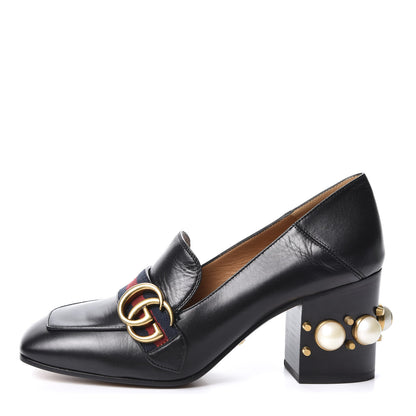 Gucci Malaga Kid Web Pearl Embellished Peyton 75mm Loafer Pumps 37 Black 1 of 11